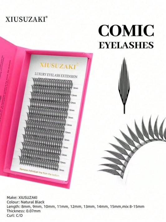 XIUSUZAKI 12-Row Manga Pointed Automatic Fan Pre-Made Grafting Eyelashes, Single-Strand Dense False Eyelashes For Cosplay