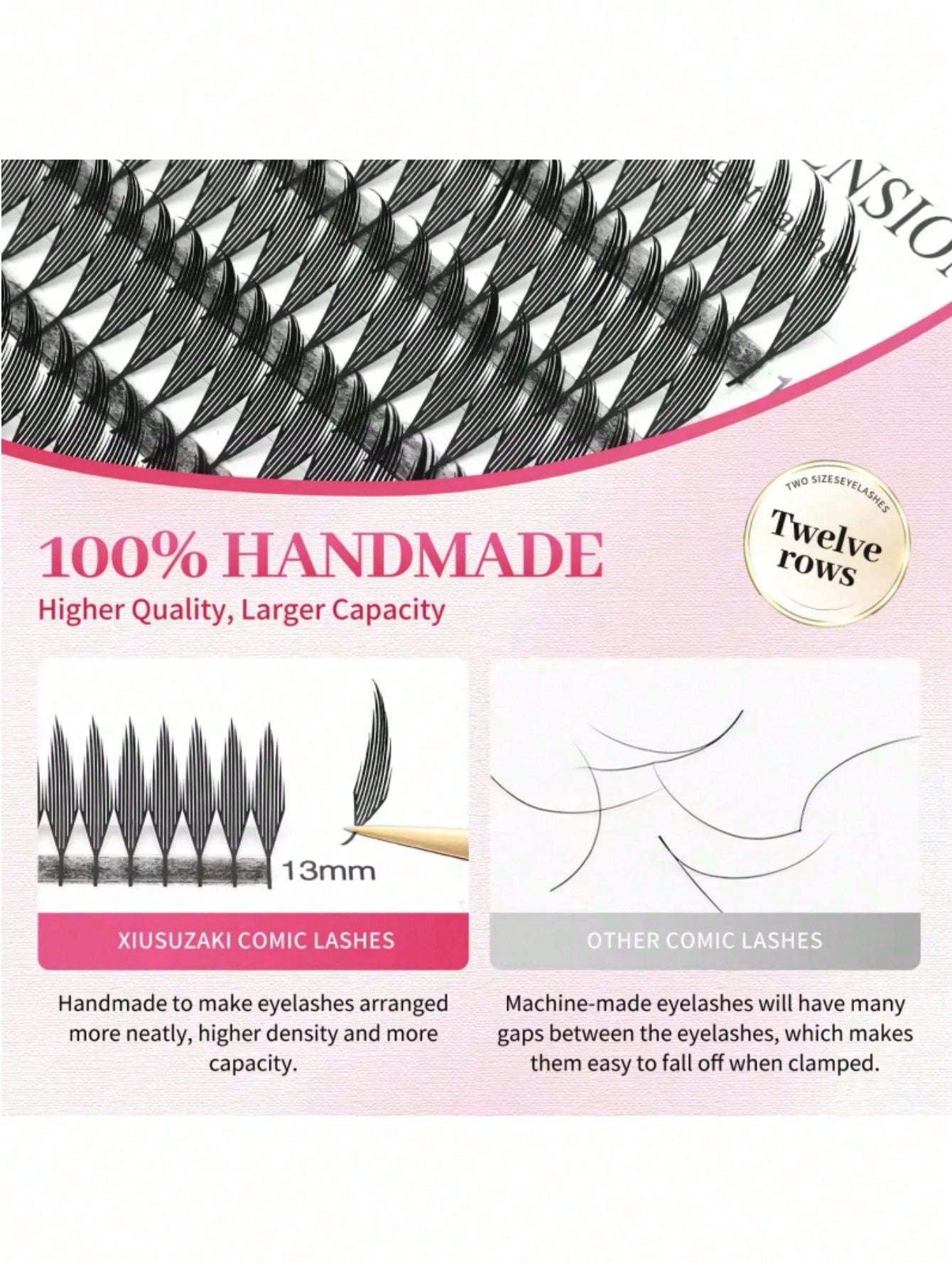 XIUSUZAKI 12-Row Manga Pointed Automatic Fan Pre-Made Grafting Eyelashes, Single-Strand Dense False Eyelashes For Cosplay