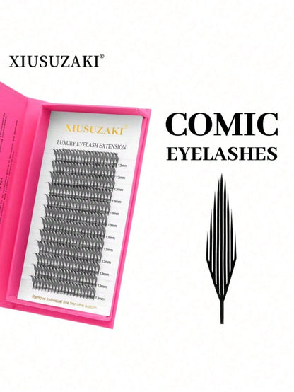 XIUSUZAKI 12-Row Manga Pointed Automatic Fan Pre-Made Grafting Eyelashes, Single-Strand Dense False Eyelashes For Cosplay