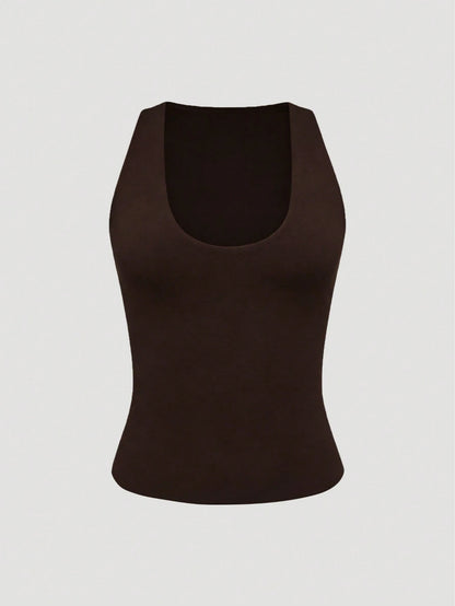 XLLAIS Women's Solid Color Casual Versatile Double Layer Yoga High Elastic Fabric Sexy U-Neck Sleeveless Black Tank Top, Summer Outfit For Women, Back To School, Fall
