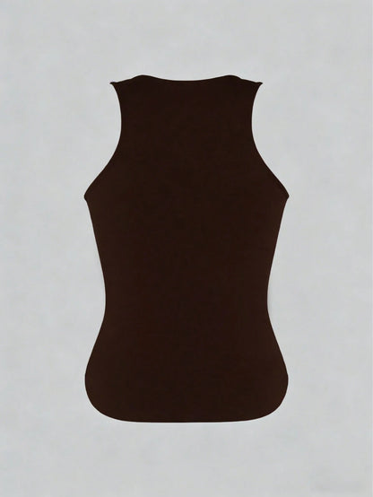 XLLAIS Women's Solid Color Casual Versatile Double Layer Yoga High Elastic Fabric Sexy U-Neck Sleeveless Black Tank Top, Summer Outfit For Women, Back To School, Fall