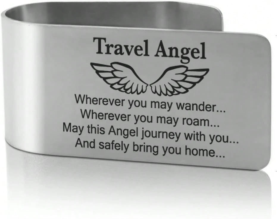 XQLZY Travel Angel Wherever You May Wander Engraved Stainless Steel Car Visor Clip, Funny Angel Travels Driving Gifts For Family Friend Driver Women Men, New Driver Gifts