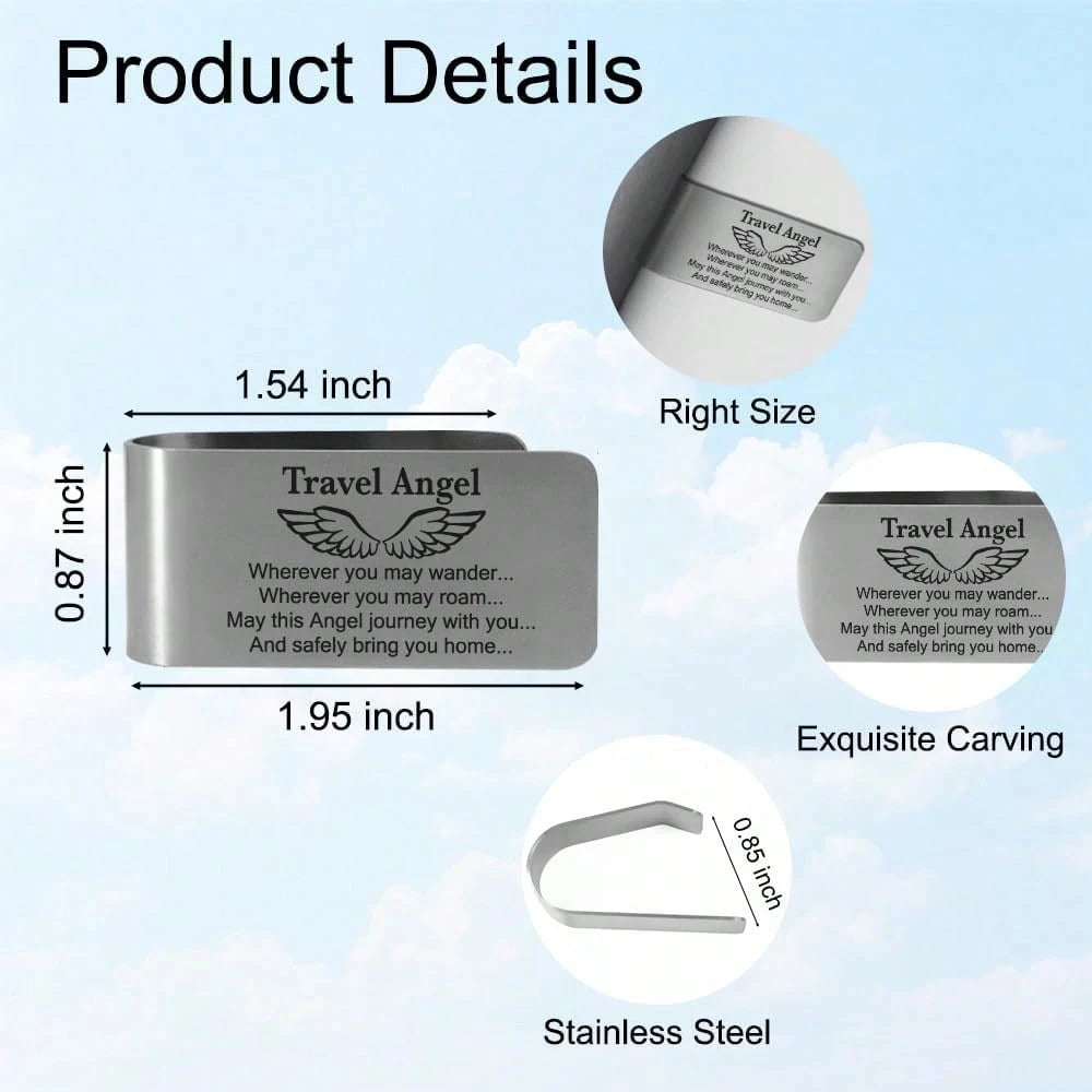 XQLZY Travel Angel Wherever You May Wander Engraved Stainless Steel Car Visor Clip, Funny Angel Travels Driving Gifts For Family Friend Driver Women Men, New Driver Gifts