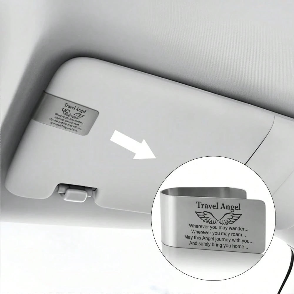 XQLZY Travel Angel Wherever You May Wander Engraved Stainless Steel Car Visor Clip, Funny Angel Travels Driving Gifts For Family Friend Driver Women Men, New Driver Gifts