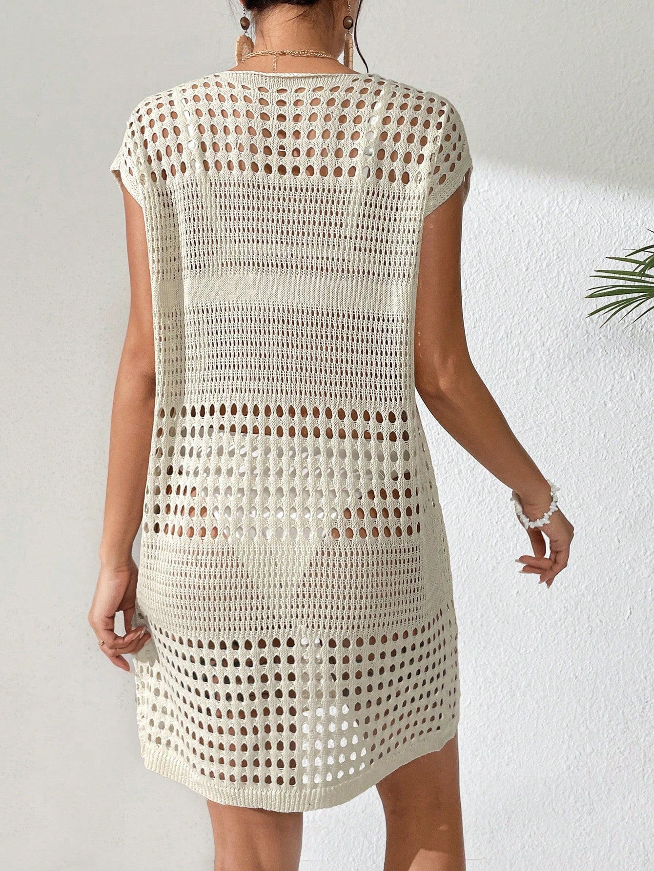 Xyvia Women's Vacation Crochet Hollow Design V-Neck Loose Coverup Dress For Summer