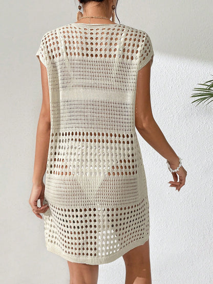Xyvia Women's Vacation Crochet Hollow Design V-Neck Loose Coverup Dress For Summer