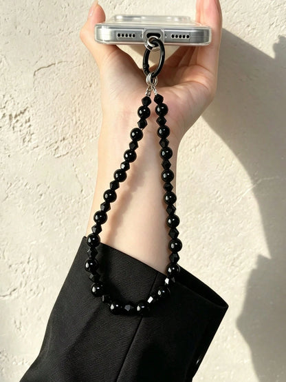 Y2K Black Faceted Beaded Phone Wrist Strap, Minimalist Luxury Anti-Loss Lanyard, Women's Bracelet Bag Charm, Multifunctional Wrist Strap, Keychain Camera Lanyard, Daily Commute