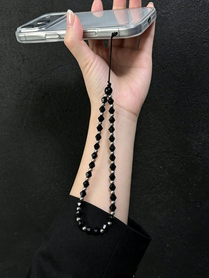 Y2K Black Faceted Beaded Phone Wrist Strap, Minimalist Luxury Anti-Loss Lanyard, Women's Bracelet Bag Charm, Multifunctional Wrist Strap, Keychain Camera Lanyard, Daily Commute