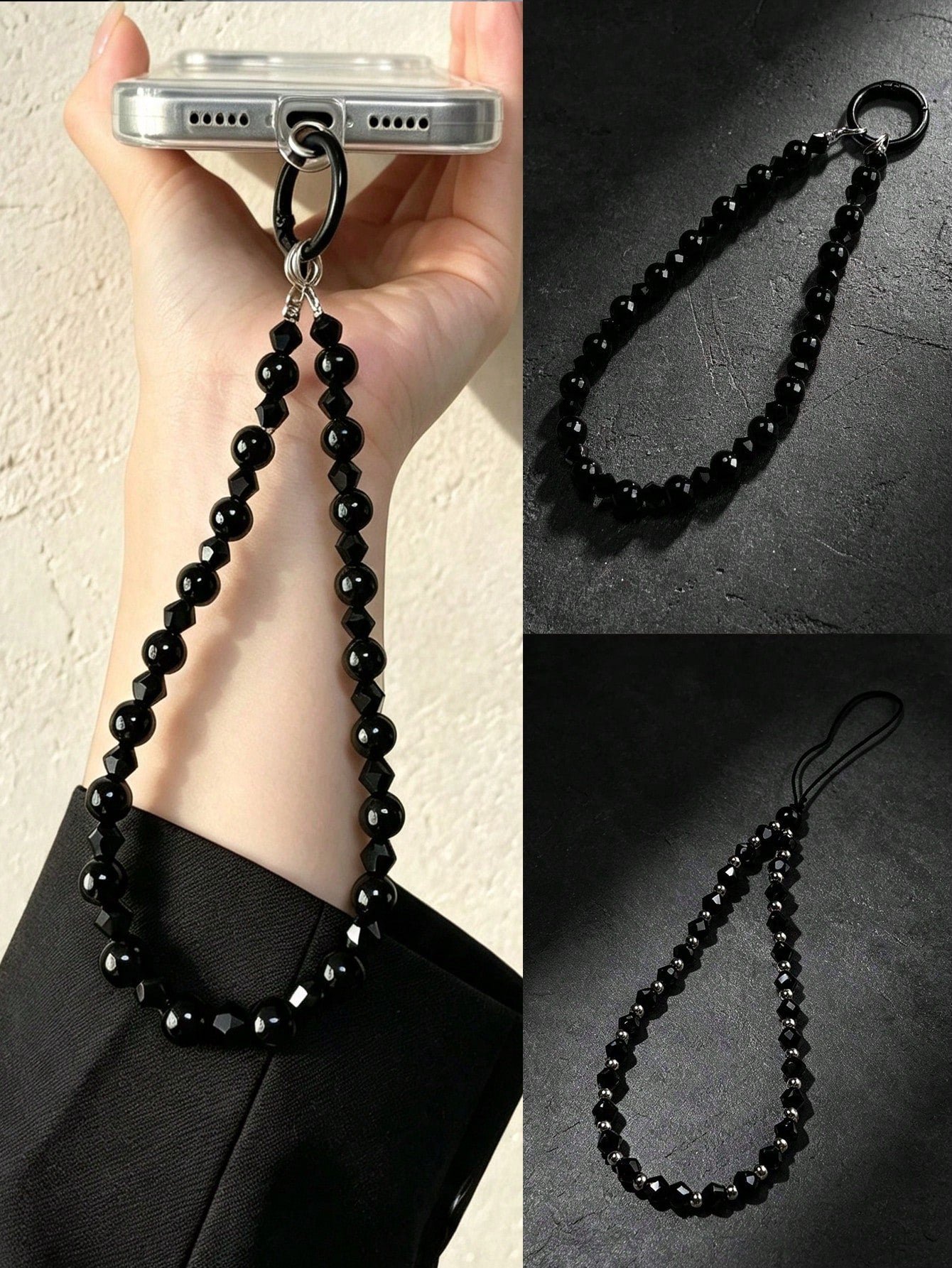 Y2K Black Faceted Beaded Phone Wrist Strap, Minimalist Luxury Anti-Loss Lanyard, Women's Bracelet Bag Charm, Multifunctional Wrist Strap, Keychain Camera Lanyard, Daily Commute