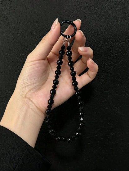 Y2K Black Faceted Beaded Phone Wrist Strap, Minimalist Luxury Anti-Loss Lanyard, Women's Bracelet Bag Charm, Multifunctional Wrist Strap, Keychain Camera Lanyard, Daily Commute