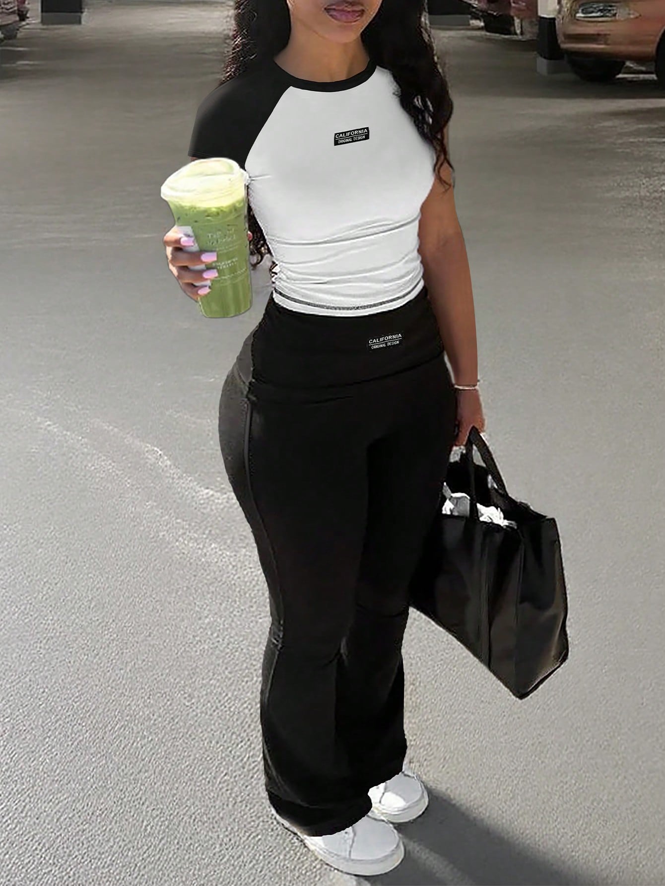 Y2K Contrast Color Women 2pcs Set Casual Sports Pants + Tight Fitted Tee, Suitable For Daily Wear, Home, Spring To Summer Elegant