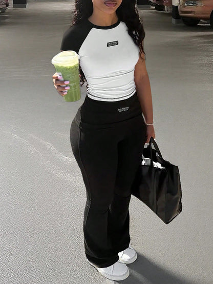 Y2K Contrast Color Women 2pcs Set Casual Sports Pants + Tight Fitted Tee, Suitable For Daily Wear, Home, Spring To Summer Elegant