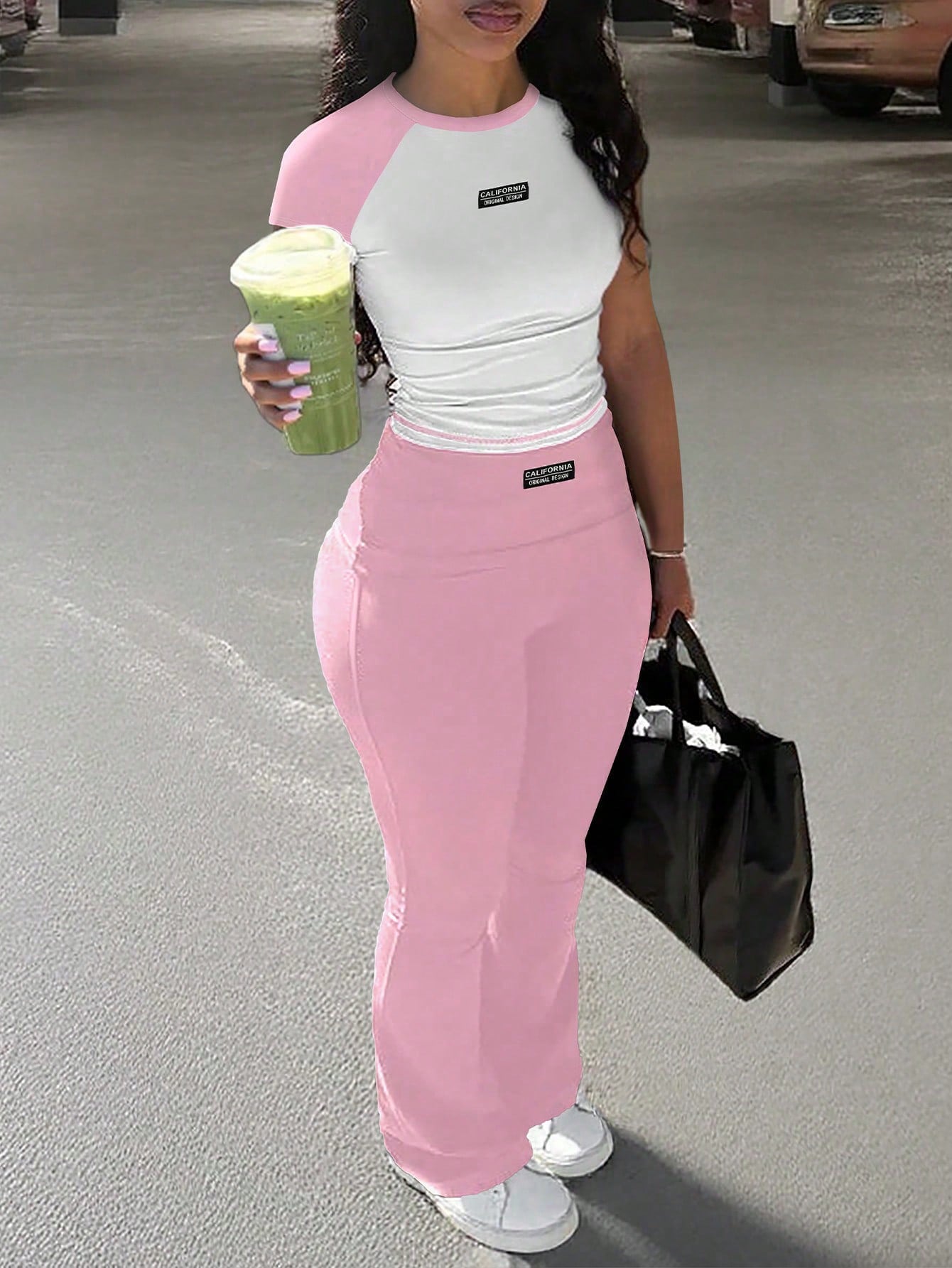 Y2K Contrast Color Women 2pcs Set Casual Sports Pants + Tight Fitted Tee, Suitable For Daily Wear, Home, Spring To Summer Elegant