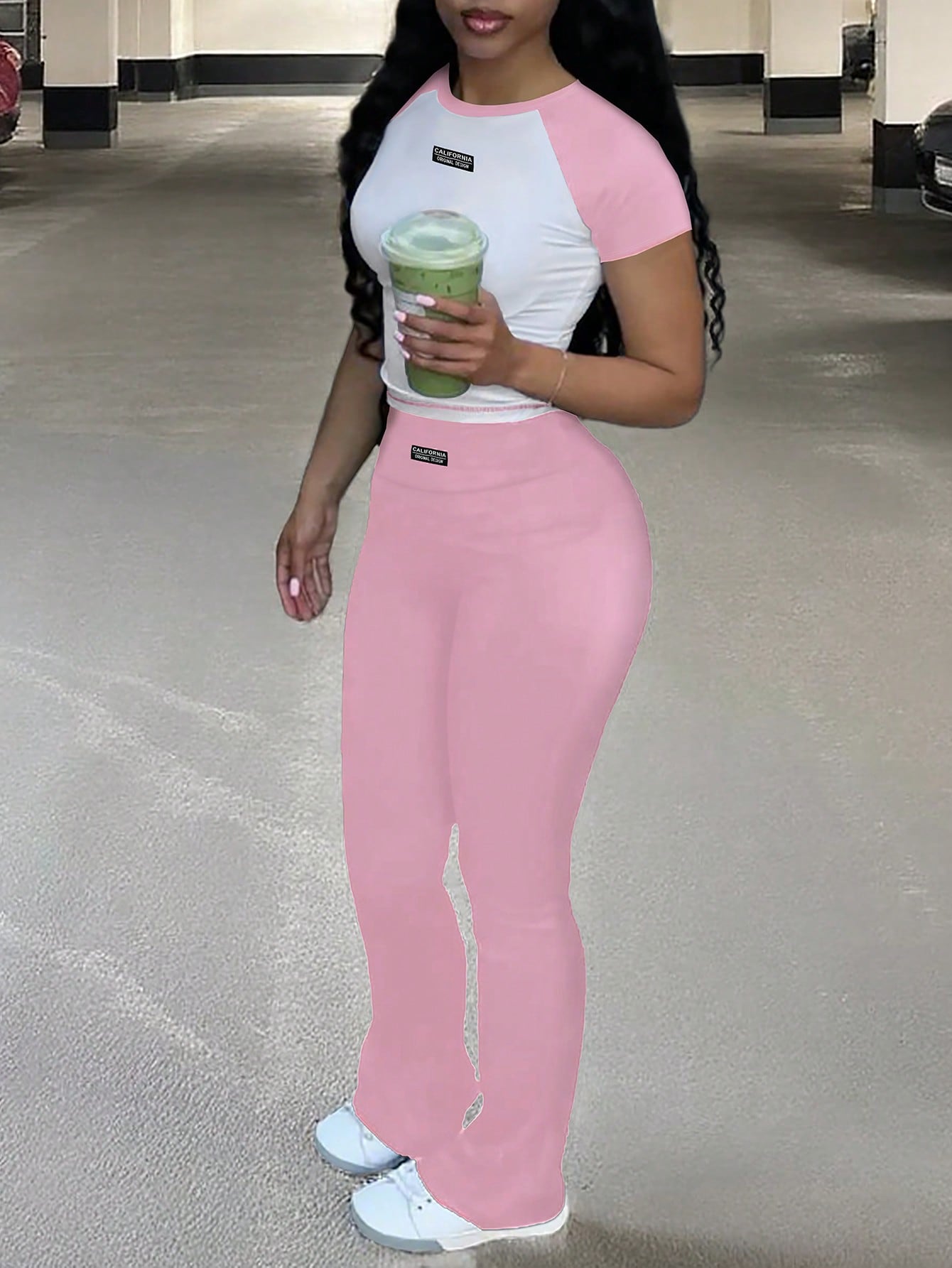 Y2K Contrast Color Women 2pcs Set Casual Sports Pants + Tight Fitted Tee, Suitable For Daily Wear, Home, Spring To Summer Elegant