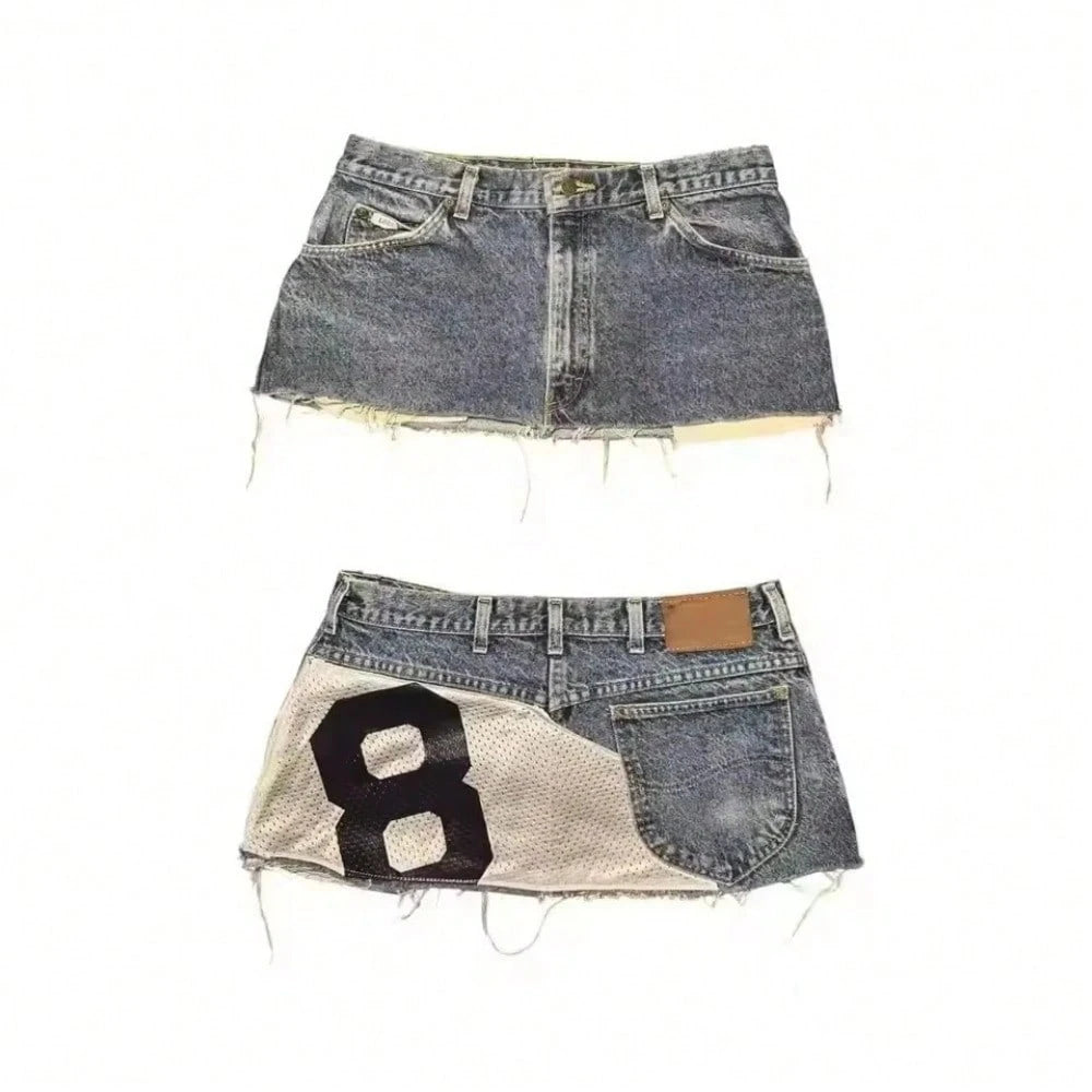Y2K Distressed Denim Mini Skirt, Patchwork Number Print Frayed Hem Skirt, High Waist Streetwear Jean Skirt For Casual Wear