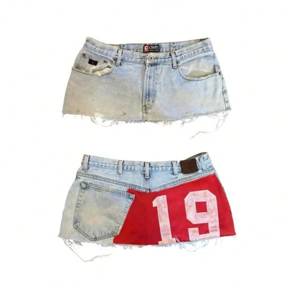 Y2K Distressed Denim Mini Skirt, Patchwork Number Print Frayed Hem Skirt, High Waist Streetwear Jean Skirt For Casual Wear