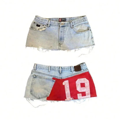 Y2K Distressed Denim Mini Skirt, Patchwork Number Print Frayed Hem Skirt, High Waist Streetwear Jean Skirt For Casual Wear