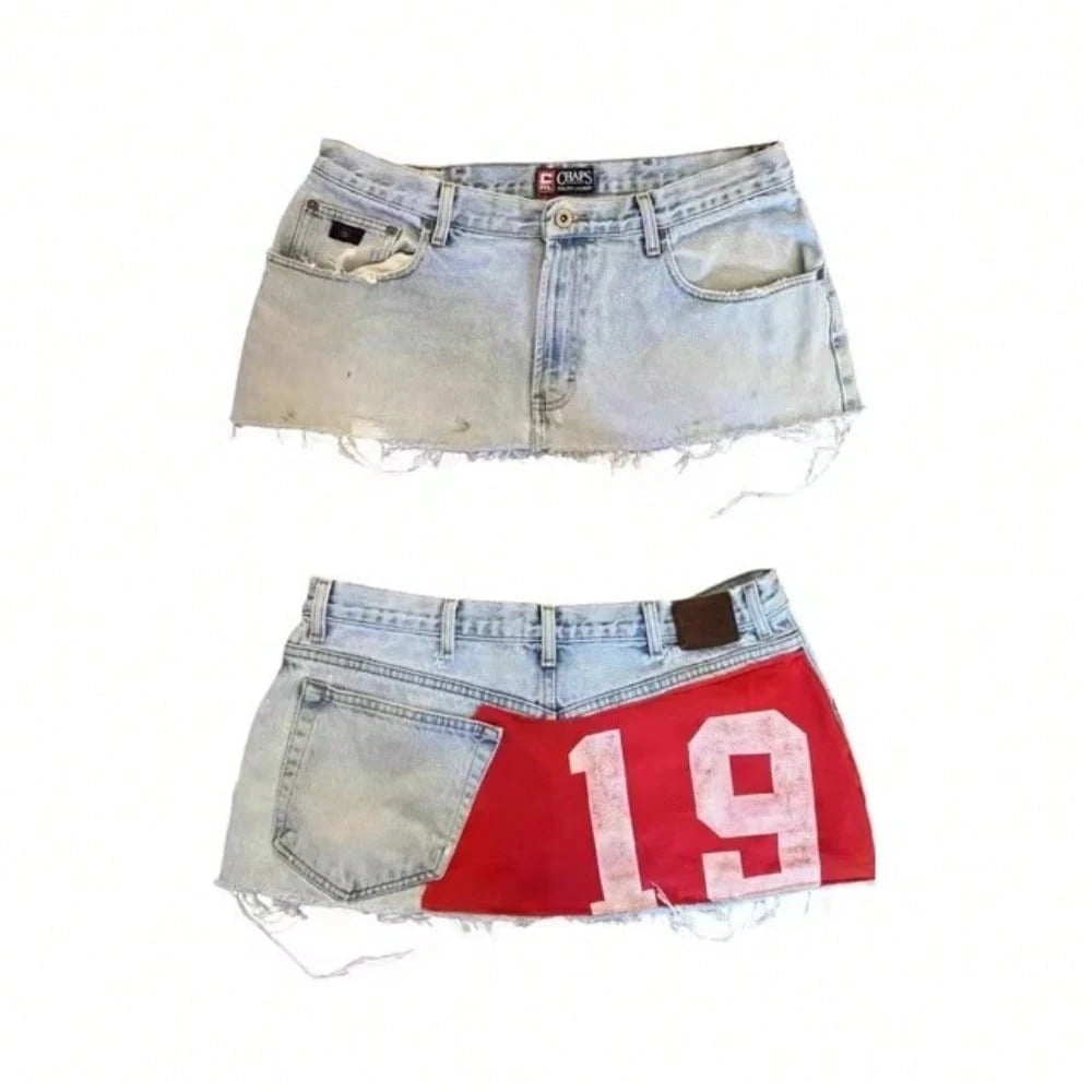 Y2K Distressed Denim Mini Skirt, Patchwork Number Print Frayed Hem Skirt, High Waist Streetwear Jean Skirt For Casual Wear