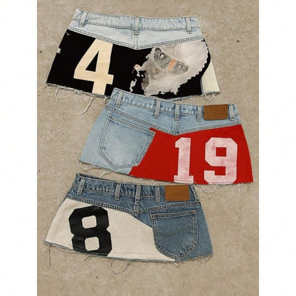 Y2K Distressed Denim Mini Skirt, Patchwork Number Print Frayed Hem Skirt, High Waist Streetwear Jean Skirt For Casual Wear