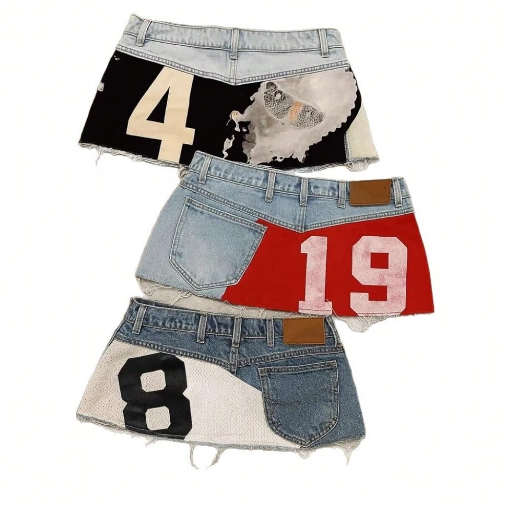 Y2K Distressed Denim Mini Skirt, Patchwork Number Print Frayed Hem Skirt, High Waist Streetwear Jean Skirt For Casual Wear