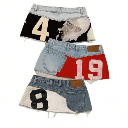 Y2K Distressed Denim Mini Skirt, Patchwork Number Print Frayed Hem Skirt, High Waist Streetwear Jean Skirt For Casual Wear