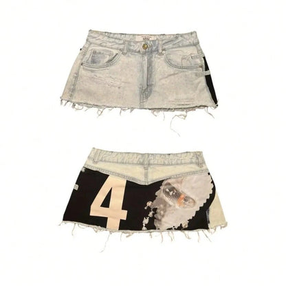Y2K Distressed Denim Mini Skirt, Patchwork Number Print Frayed Hem Skirt, High Waist Streetwear Jean Skirt For Casual Wear