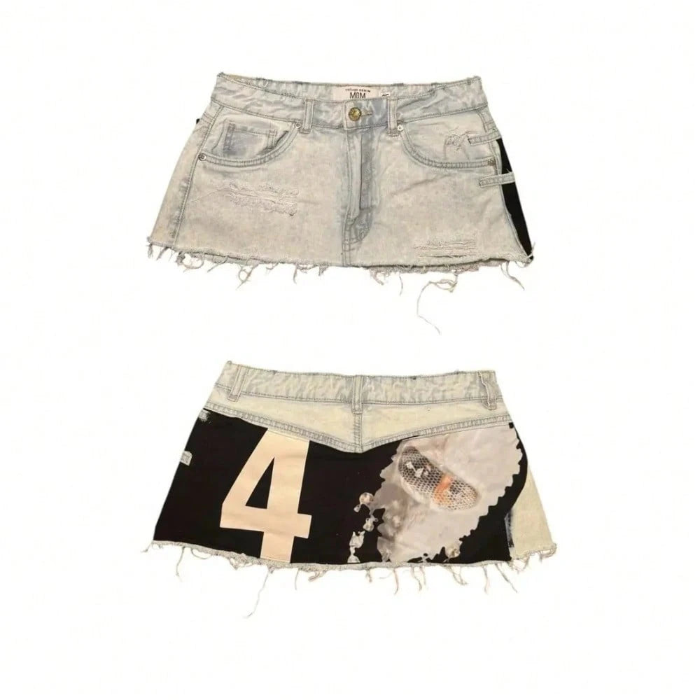 Y2K Distressed Denim Mini Skirt, Patchwork Number Print Frayed Hem Skirt, High Waist Streetwear Jean Skirt For Casual Wear