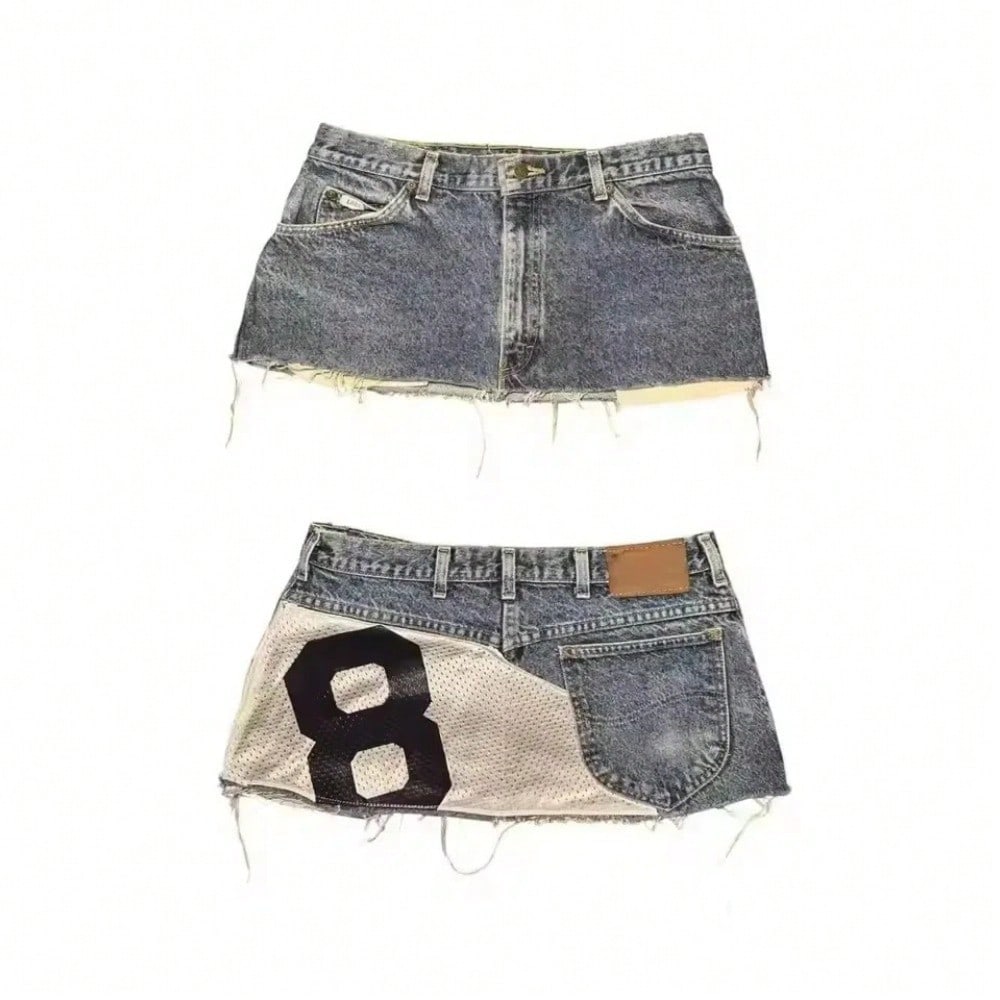 Y2K Distressed Denim Mini Skirt, Patchwork Number Print Frayed Hem Skirt, High Waist Streetwear Jean Skirt For Casual Wear
