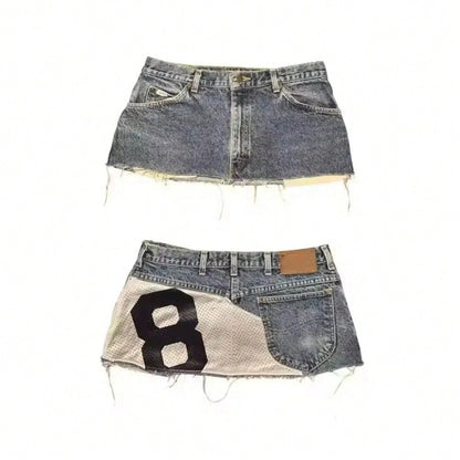 Y2K Distressed Denim Mini Skirt, Patchwork Number Print Frayed Hem Skirt, High Waist Streetwear Jean Skirt For Casual Wear