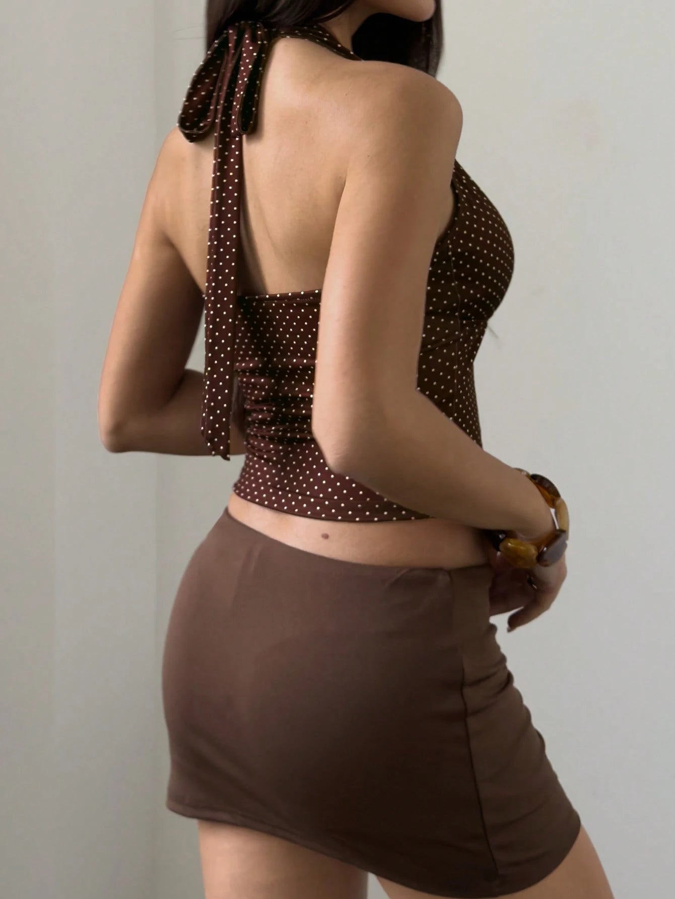 Y2K Vintage Polka Dot Lace Trim Backless Camisole Top, Retro Brown Polka Dot Lace Trim Streetwear Top Summer
