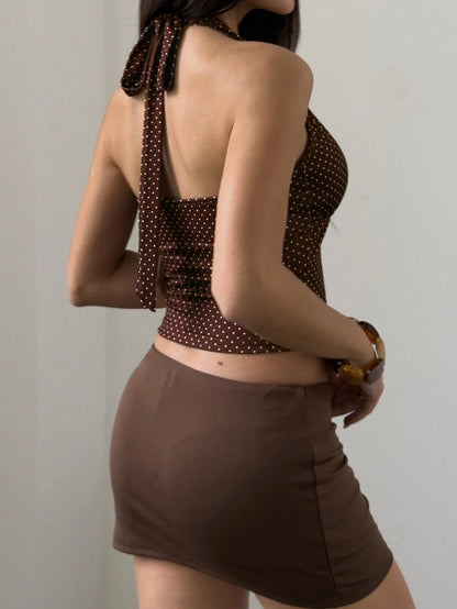 Y2K Vintage Polka Dot Lace Trim Backless Camisole Top, Retro Brown Polka Dot Lace Trim Streetwear Top Summer