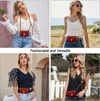 YAMEIZE Mini PU Leather Chain Belt Bag For Women Quilted Waist Purse Crossbody Fanny Pack Detachable Belt Chain