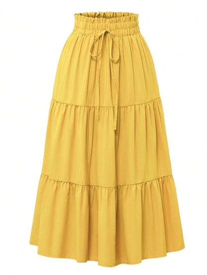 Yellow Pleated Elastic Waist Vacation Skirt Spring