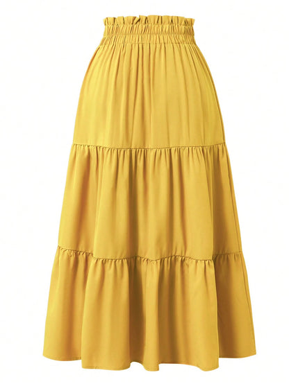 Yellow Pleated Elastic Waist Vacation Skirt Spring