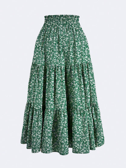 Yellow Pleated Elastic Waist Vacation Skirt Spring