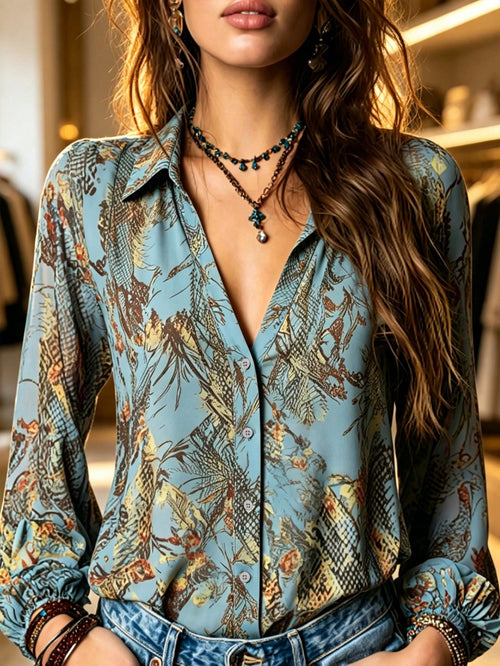 YI XUAN Vintage French Elegant Chiffon All-Over Print Deep V-Neck Lantern Sleeve Women's Blouse, Sheer Vacation Style Summer Women's Shirt