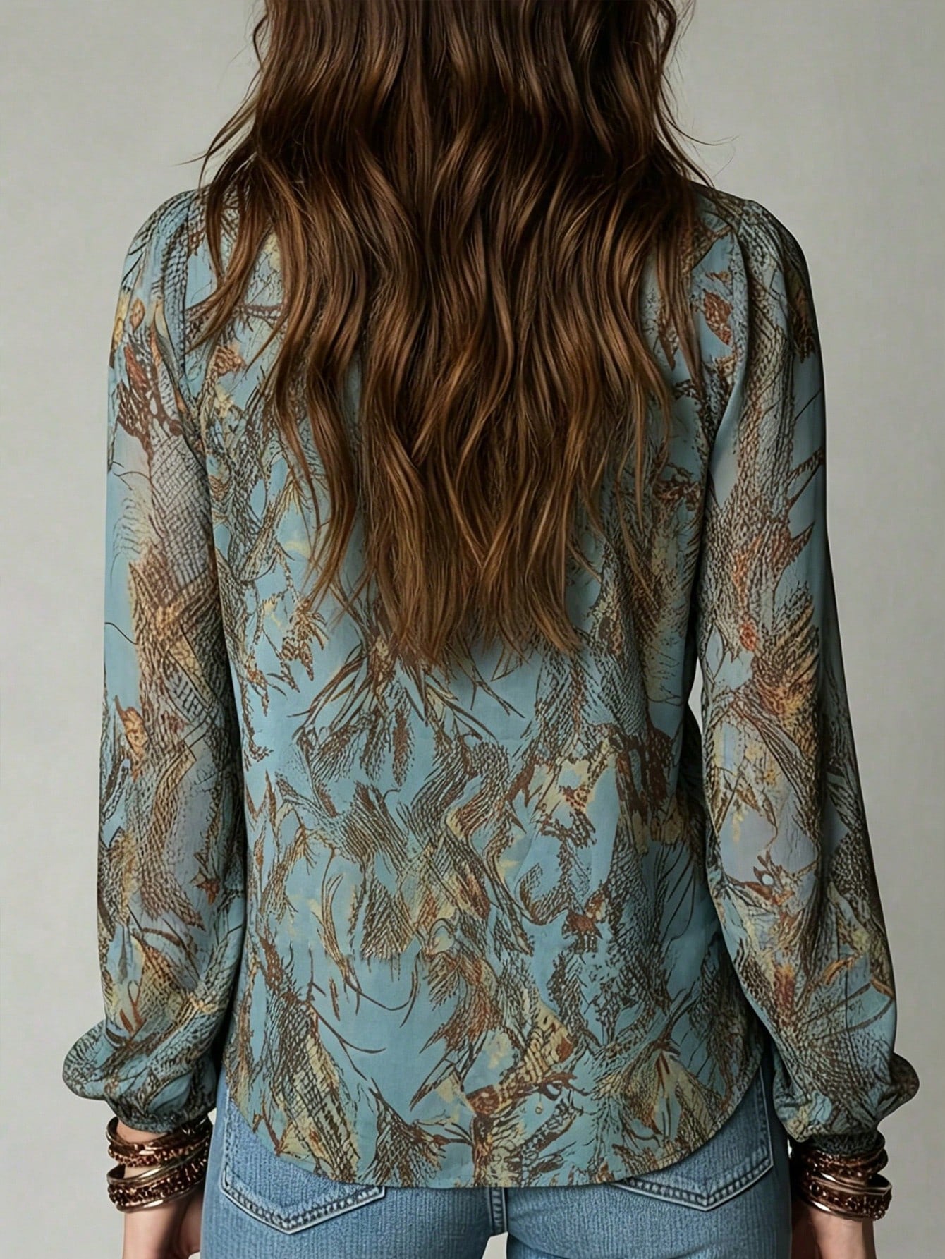 YI XUAN Vintage French Elegant Chiffon All-Over Print Deep V-Neck Lantern Sleeve Women's Blouse, Sheer Vacation Style Summer Women's Shirt