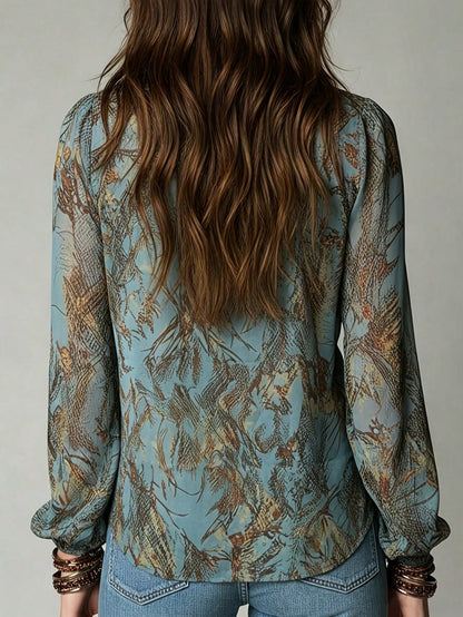YI XUAN Vintage French Elegant Chiffon All-Over Print Deep V-Neck Lantern Sleeve Women's Blouse, Sheer Vacation Style Summer Women's Shirt