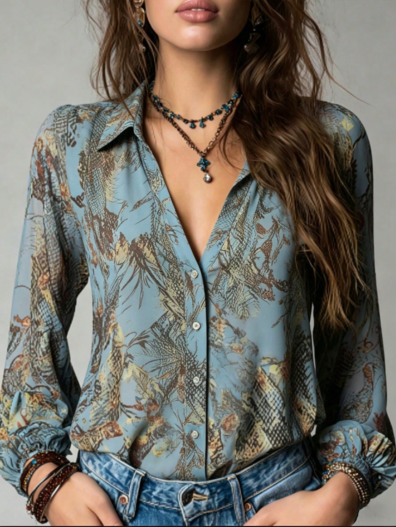 YI XUAN Vintage French Elegant Chiffon All-Over Print Deep V-Neck Lantern Sleeve Women's Blouse, Sheer Vacation Style Summer Women's Shirt