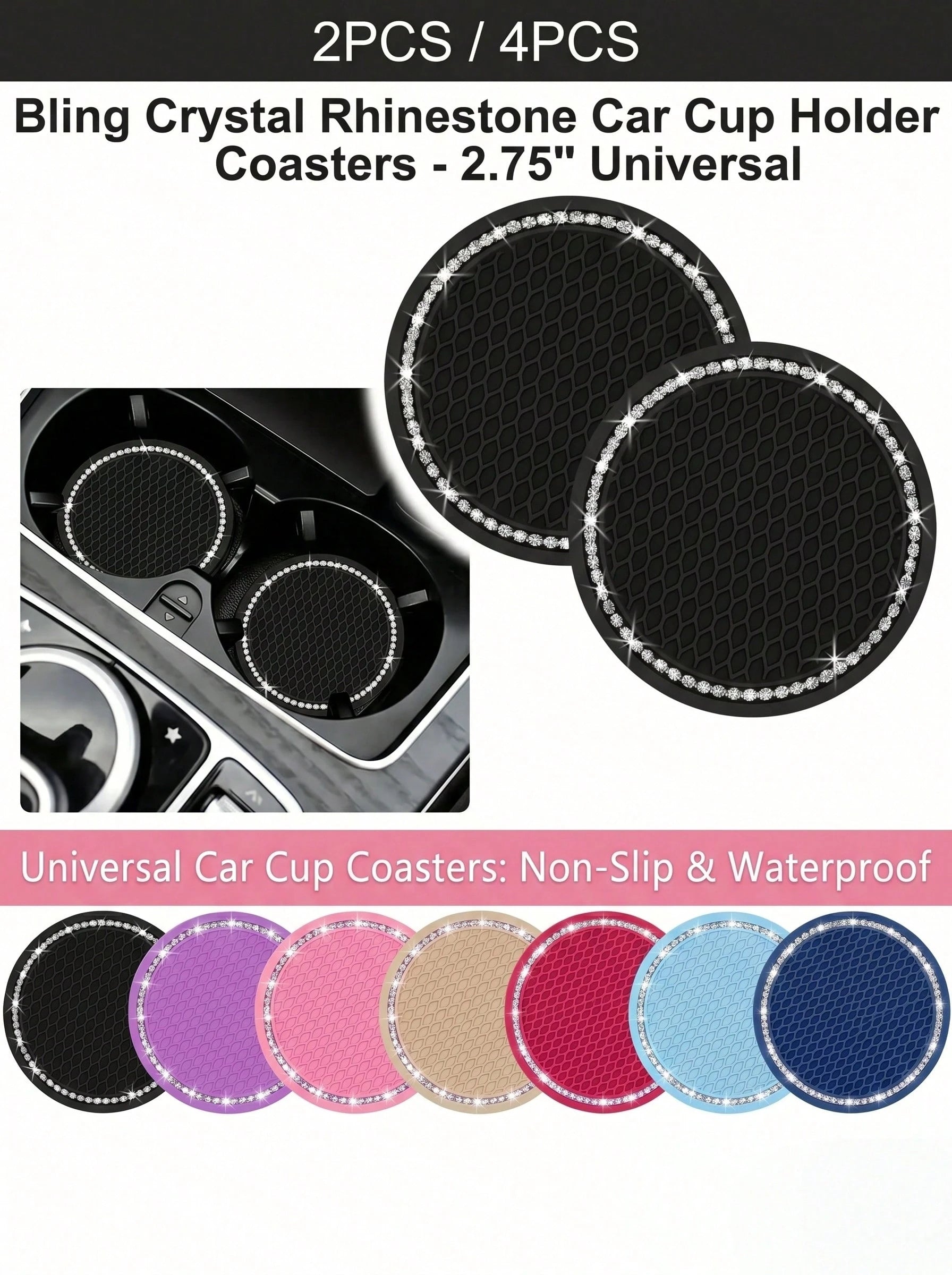 YITUMU 2pcs/4pcs Silicone Anti-Slip Car Cup Holder Coasters- Cup Mat With Crystal Edge, Waterproof & Fashionable, Suitable For Car Or Home Use