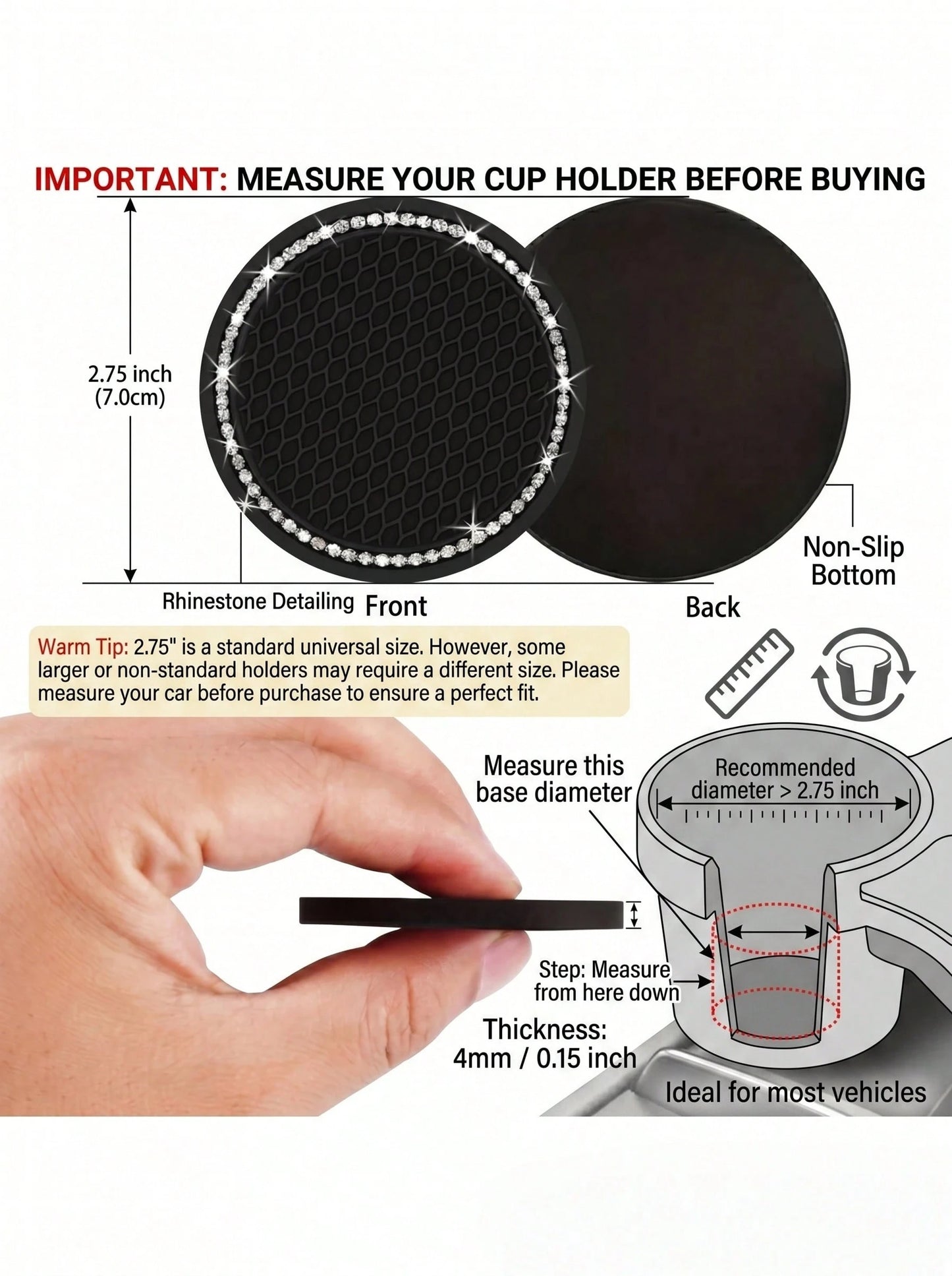 YITUMU 2pcs/4pcs Silicone Anti-Slip Car Cup Holder Coasters- Cup Mat With Crystal Edge, Waterproof & Fashionable, Suitable For Car Or Home Use