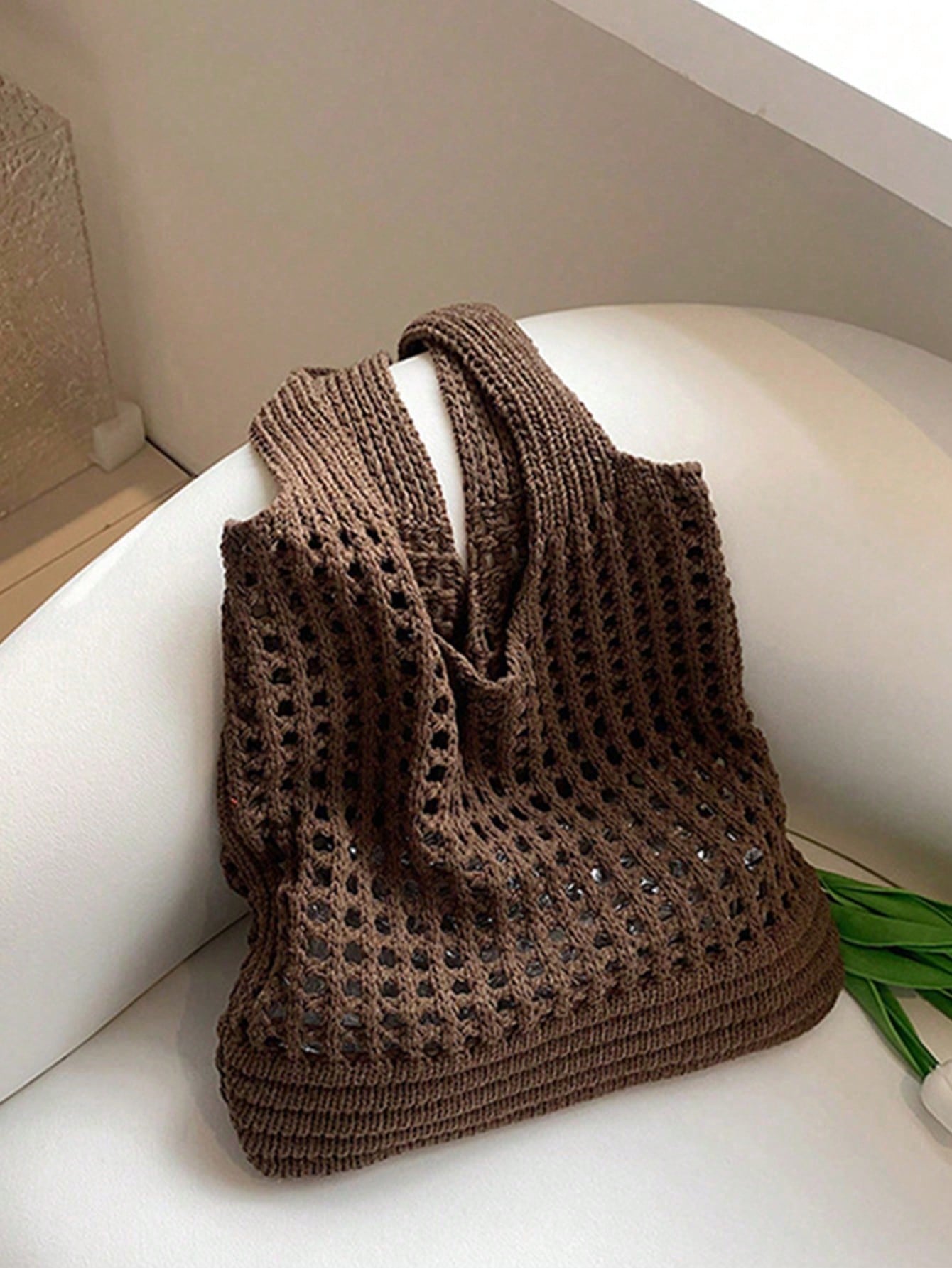 Yogodlns Women's Knitted Shoulder Bag, Vintage Hollow Woven Large Capacity Floral Decor Shopping Handbag, Crochet Bag, Crochet Tote, Summer Beach Tote, Vacationcore