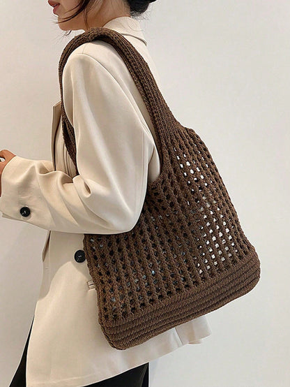 Yogodlns Women's Knitted Shoulder Bag, Vintage Hollow Woven Large Capacity Floral Decor Shopping Handbag, Crochet Bag, Crochet Tote, Summer Beach Tote, Vacationcore