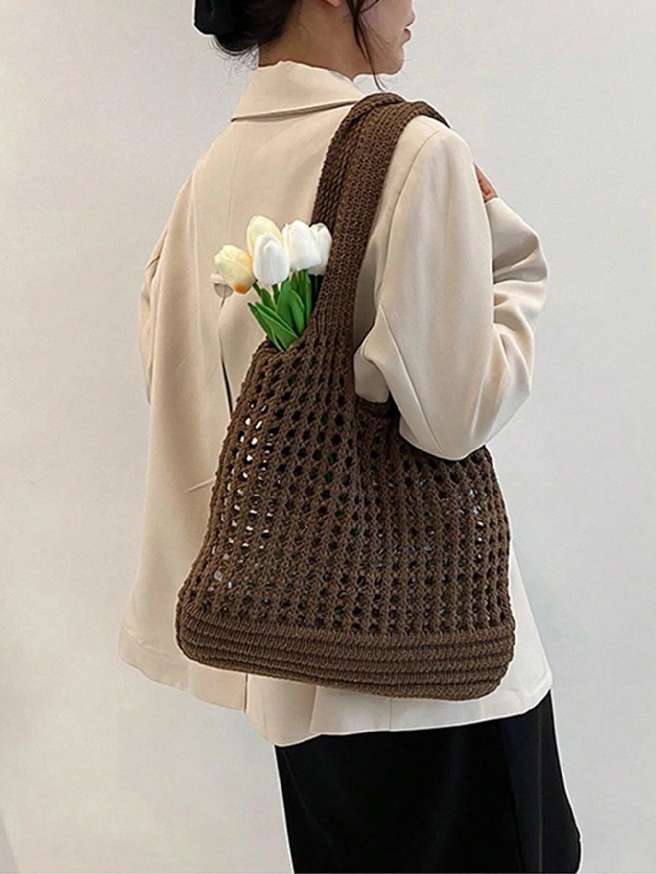 Yogodlns Women's Knitted Shoulder Bag, Vintage Hollow Woven Large Capacity Floral Decor Shopping Handbag, Crochet Bag, Crochet Tote, Summer Beach Tote, Vacationcore