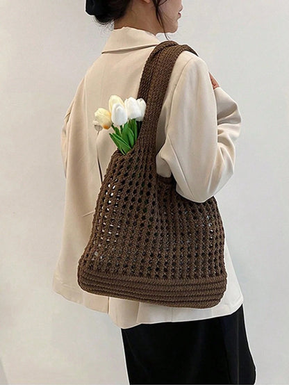 Yogodlns Women's Knitted Shoulder Bag, Vintage Hollow Woven Large Capacity Floral Decor Shopping Handbag, Crochet Bag, Crochet Tote, Summer Beach Tote, Vacationcore