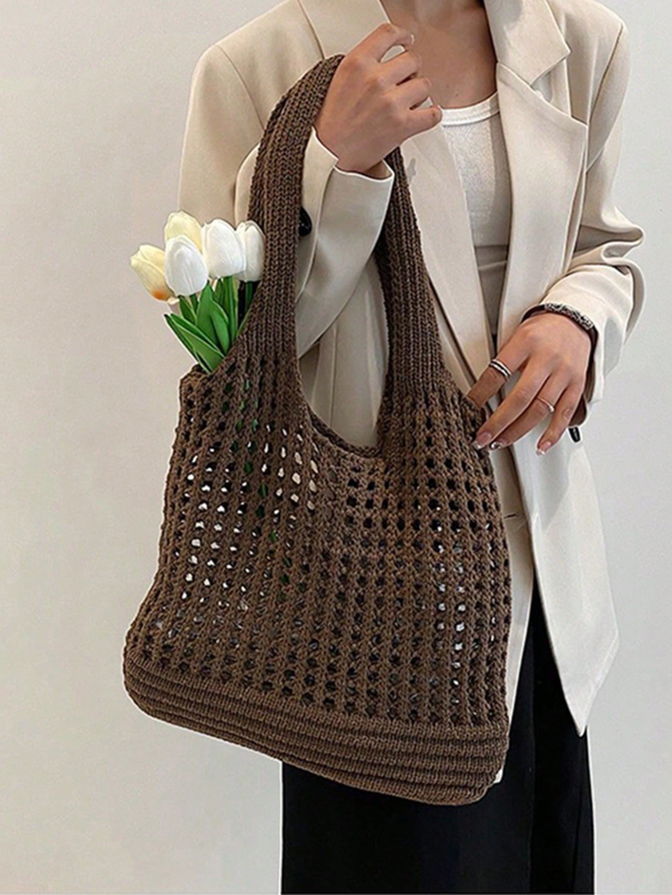 Yogodlns Women's Knitted Shoulder Bag, Vintage Hollow Woven Large Capacity Floral Decor Shopping Handbag, Crochet Bag, Crochet Tote, Summer Beach Tote, Vacationcore