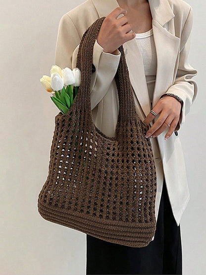 Yogodlns Women's Knitted Shoulder Bag, Vintage Hollow Woven Large Capacity Floral Decor Shopping Handbag, Crochet Bag, Crochet Tote, Summer Beach Tote, Vacationcore