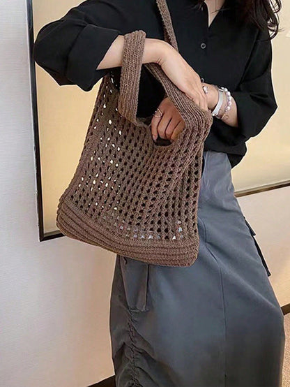Yogodlns Women's Knitted Shoulder Bag, Vintage Hollow Woven Large Capacity Floral Decor Shopping Handbag, Crochet Bag, Crochet Tote, Summer Beach Tote, Vacationcore