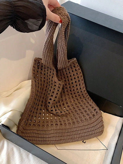 Yogodlns Women's Knitted Shoulder Bag, Vintage Hollow Woven Large Capacity Floral Decor Shopping Handbag, Crochet Bag, Crochet Tote, Summer Beach Tote, Vacationcore