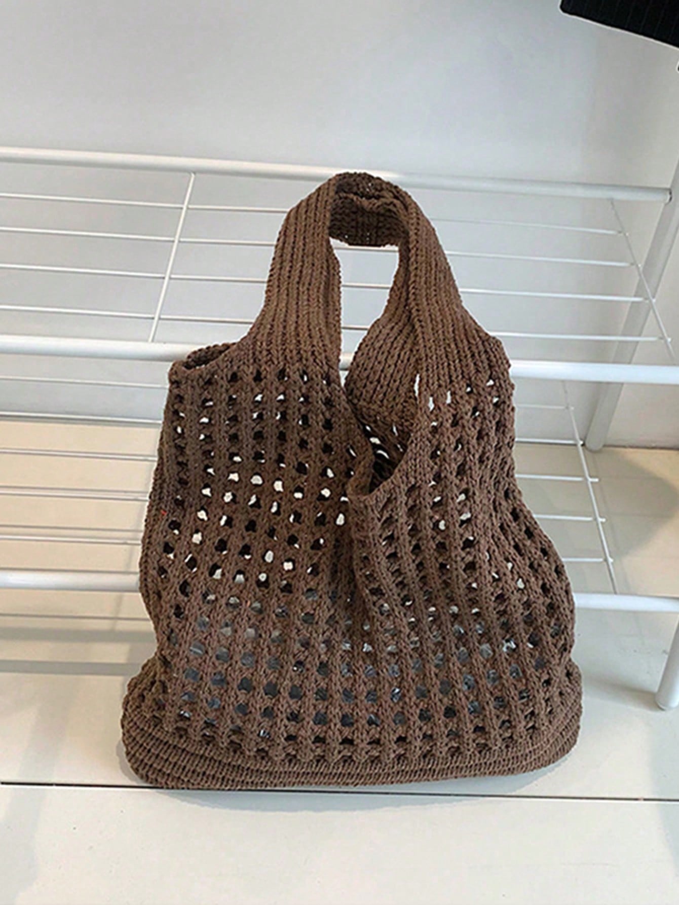 Yogodlns Women's Knitted Shoulder Bag, Vintage Hollow Woven Large Capacity Floral Decor Shopping Handbag, Crochet Bag, Crochet Tote, Summer Beach Tote, Vacationcore